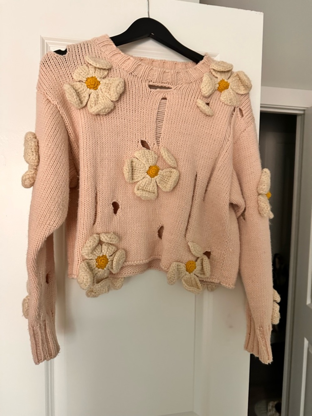 Blush Pink Daisy Appliqué Crewneck Sweater